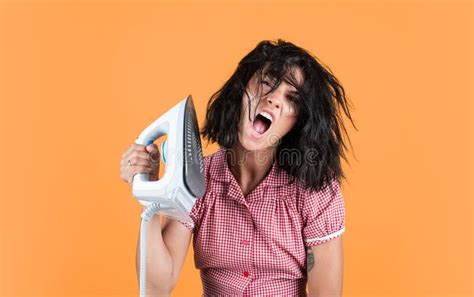Happy Pretty Woman With Brunette Hair Use Steaming Iron Housekeeping