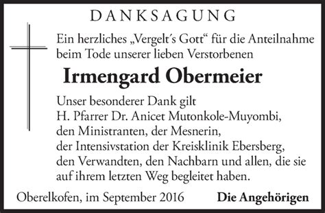 Traueranzeigen Von Irmengard Obermeier Trauer Merkur De