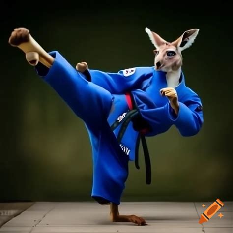 Kangaroo In Blue Vovinam Uniform Executing Double Flying Kick On Craiyon