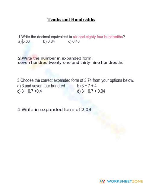 Tenths And Hundredths Worksheet