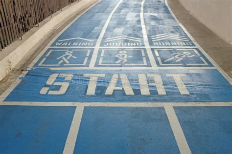 Start Point Blue Sport Running Track With Sign Walk Jogging Or Run