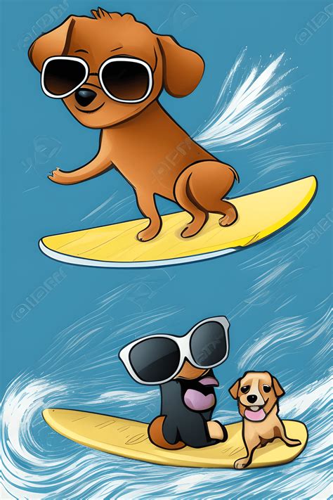 Cute Funny Little Dog Surfing on a Surfboard HD Illustration · Creative ...