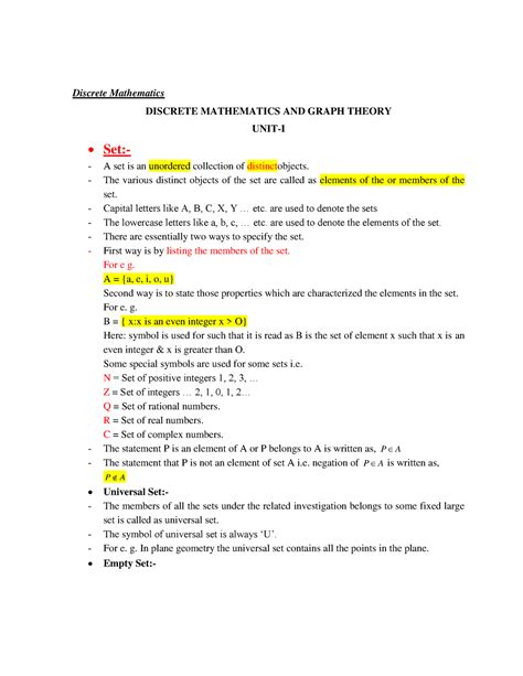 Unit I Dmgt Final Discrete Mathematics And Graph Theory Unit I