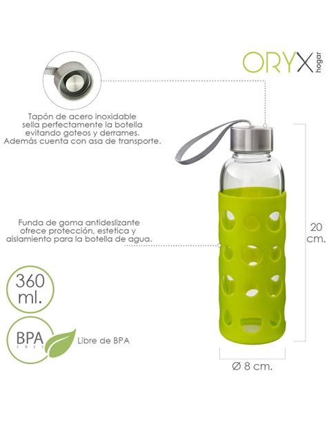 Botella Agua De Cristal Con Funda Goma Y Tapon Antigotas 360 Ml