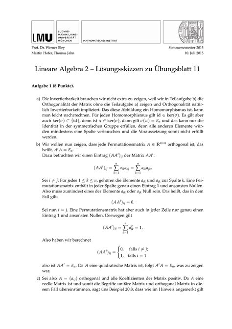 Linear Algebra 2 Uebungsblatt 11 Loesung Prof Dr Werner Bley