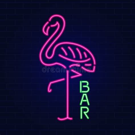 Flamingo Neon Sign Glowing And Shining Bright Signboard Of Pink Exotic Tropical Bird Vector