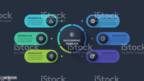 แนวคิดไดอะแกรมสําหรับอินโฟกราฟิกที่มี 6 ขั้นตอนตัวเลือกชิ้นส่วนหรือกระบวนการ เทมเพลตสําห
