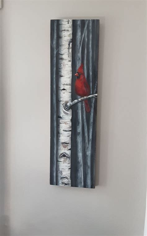 A Painting Of A Cardinal Perched On A Birch Tree