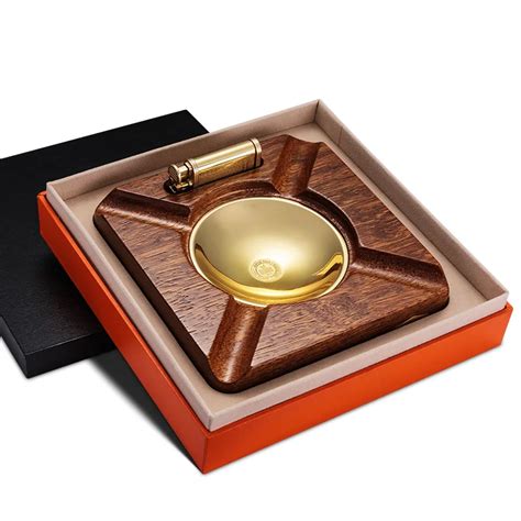 CIGARLOONG Cigar Ashtray Lighter Set AUBERGINE Wood Copper Ashtray