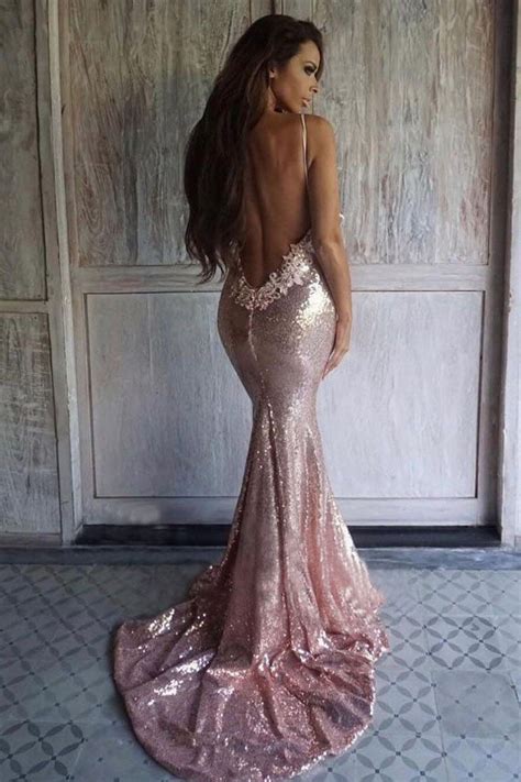 Sexy Rose Gold Sequins Mermaid Spaghetti Straps Backless Prom Dresses