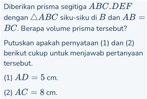 Solved Diberikan Prisma Segitiga Abc Def Dengan Abc Siku Siku Di B