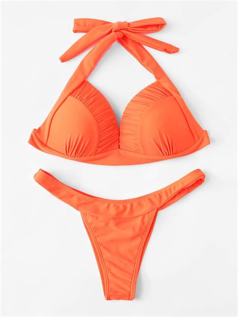 Ruched Detail Halter Bikini Set Shein Sheinside