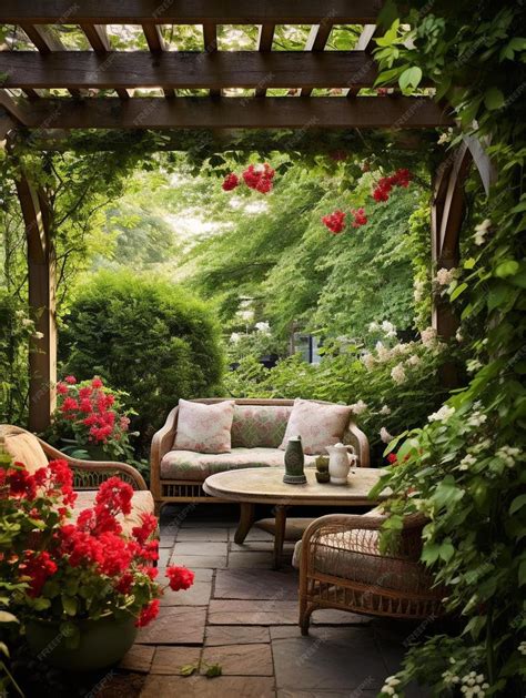 Premium AI Image | a pergola with a view of the garden.