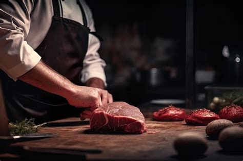 Premium Photo A Chef Cuts Meat On A Cutting Board