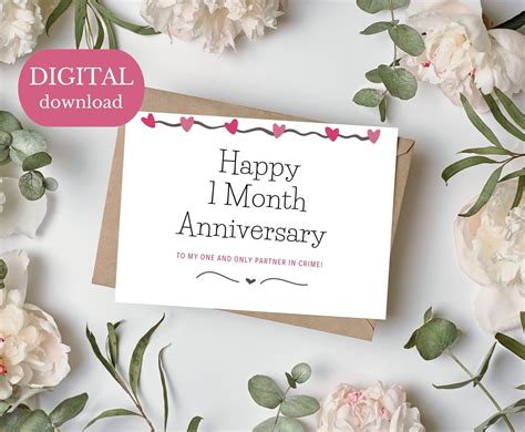 Printable 1 Month Anniversary Card Instant Download 7x5 Inch Card For