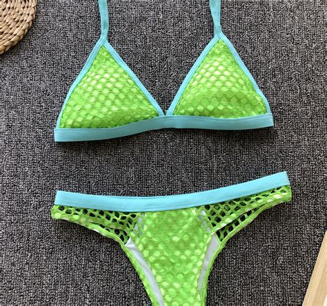 Sexy Fish Net Bikini Set Splicing Triangle Push Up Bikinis Women