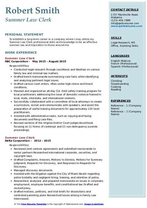 Summer Law Clerk Resume Samples Qwikresume