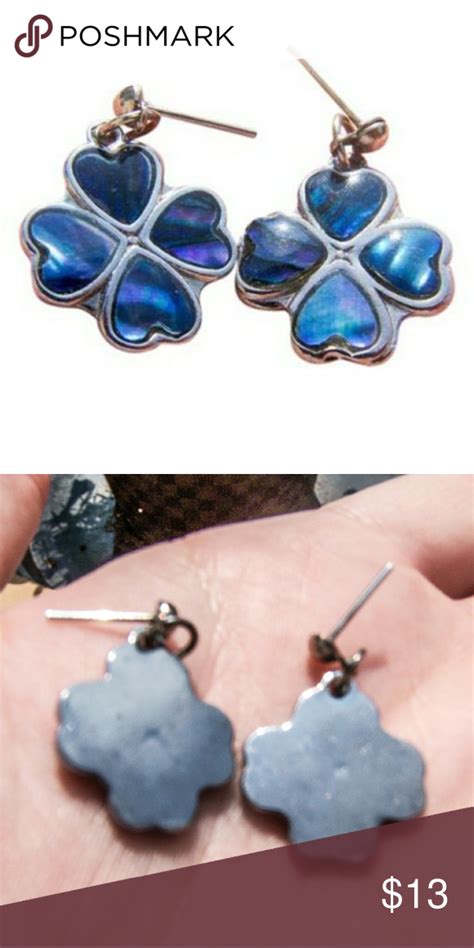 Blue Enameled Abalone Shell Flower Stud Earrings Beautiful Flower