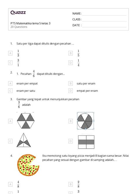 Lembar Kerja Pecahan Sebagai Bagian Dari Keseluruhan Untuk Kelas