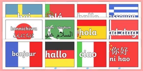 Free Hello On A4 Flags Languages Languages Hello French Spanish