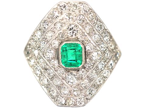 Art Deco Platinum Diamond Shaped Emerald And Diamond Ring 947n The