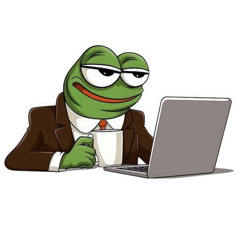 Premium AI Image | Pepe the Frog Animated Office Break with Coffee and Laptop on a White Background