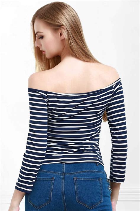 [57 Off] Stylish Off The Shoulder Striped Seamless Womens Top Rosegal