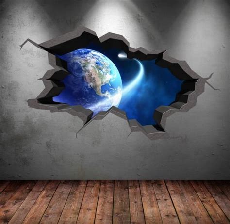 Earth Wall Decal, 3D Wall Mural, Broken Wall Decal, Planet Wall Sticker ...