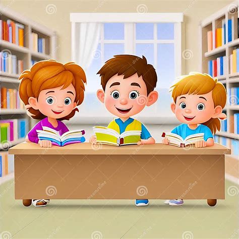 Cartoon Children Reading Books in the Library, Everyone Happy Reading Books Stock Illustration ...