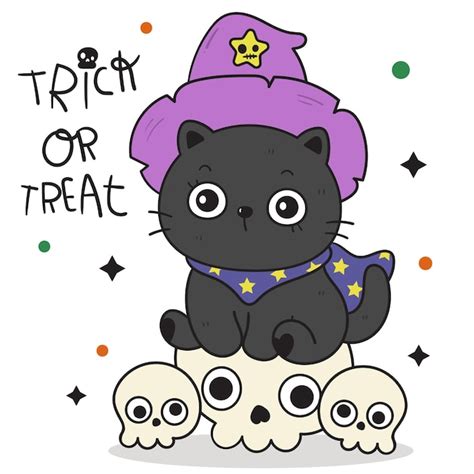 Premium Vector Halloween Cats On Skulls Kawaii Cartoon