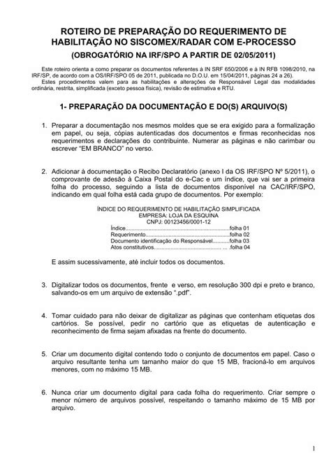 PDF ROTEIRO DE PREPARAÇÃO DO REQUERIMENTO DE HABILITAÇÃO NO SISCOMEX