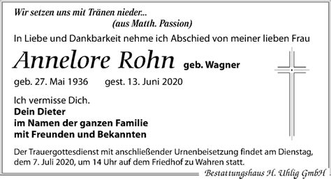 Traueranzeigen Von Annelore Rohn Trauer Anzeigen De