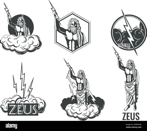 Zeus Greek Olympian God With Lightnings Black And White Emblems Set Isolated On White Background