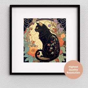 Divine Black Cat With Rose And Sunbeam Art Nouveau Floral Wall Art