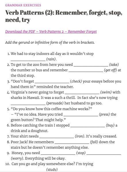 Esl Grammar Exercise Verb Patterns 2 Remember Forget Stop Need