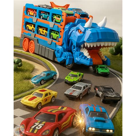 Caminhão De Carrinho De Corrida Infantil - Caminhão Dinossauro De Engolir Carrinho Pista de Corrida com 6 ...