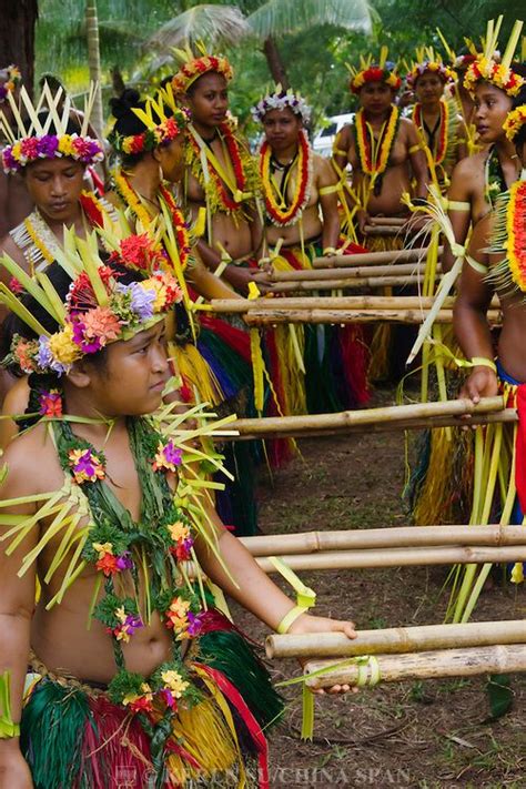 Yapese Girls In Traditional Clothing Dancing With Bamboo Pole At Yap Day Festival Yap Island