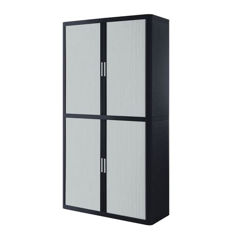 A Black And White Cabinet With Three Doors