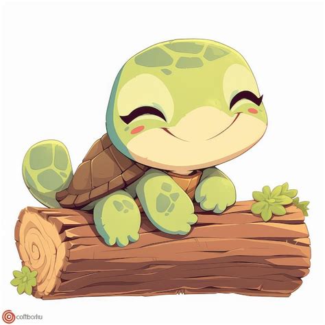 Premium Vector A Turtle On A Log Cartoon Style