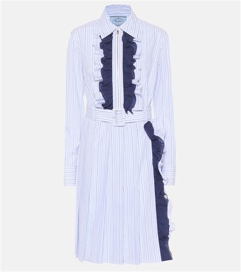 Ruffle Trimmed Striped Cotton Dress In Blue Prada Mytheresa