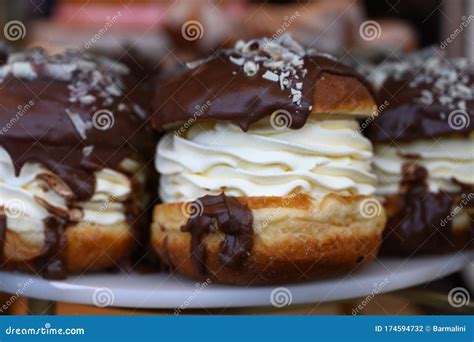 Scottish Cream Choux Buns With Chocolate Close Up Stock Photo Image