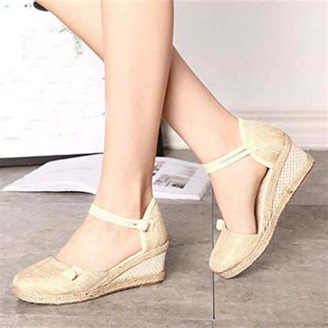 Hot Women Retro Linen Canvas Wedge Sandals Ladies Buckle Round Toe Platform Solid Color Closed