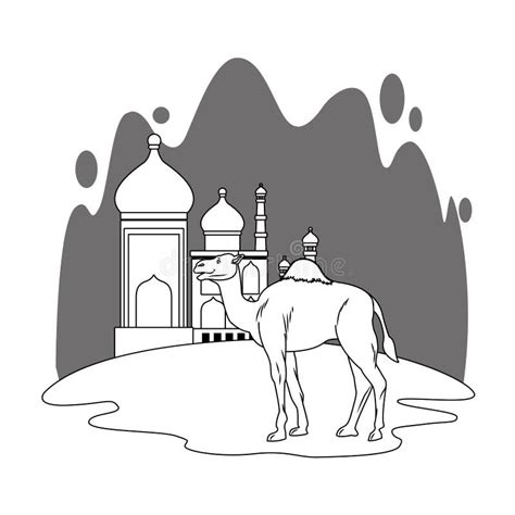 Taj Mahal E Cenário Dos Desenhos Animados Do Camelo Em Preto E Branco