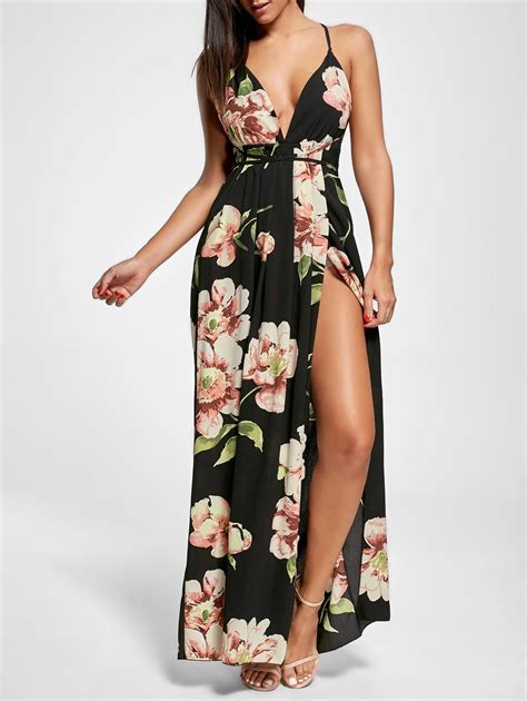 Black M Floral Slit Backless Maxi Slip Plunge Dress Rosegal