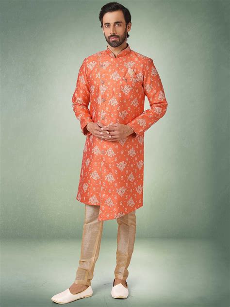 Orange Colour Jacquard Brocade Silk Fabric Mens Kurta Pajama