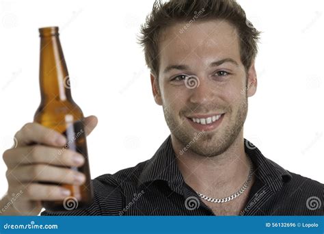 Casual Young Man Holding Bottle Of Beer Smiling Stock Photo Image Of