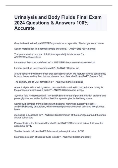 Urinalysis And Body Fluids Final Exam Questions Answers