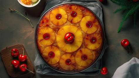 Premium Ai Image A Pineapple Upside Down Cake With Cherries In It