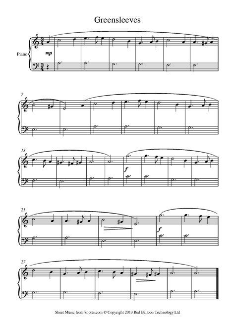 Greensleeves Beginners Sheet Music For Piano Artofit