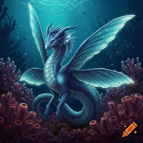 A Blue Fantasy Dragon With Translucent Wings Glows Underwater Among Red